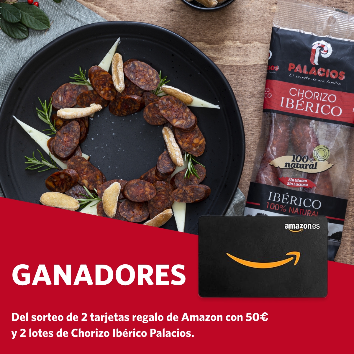 Descubre qui￿s son los ganadores de 1 tarjeta de Amazon y 1 lote de Chorizo Ib￿co Palacios